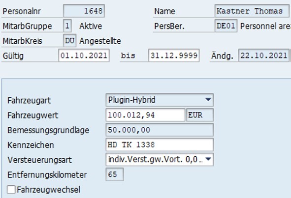 SAP HCM Infotyp Fahrzeuge Eingabe Plugin-Hybrid