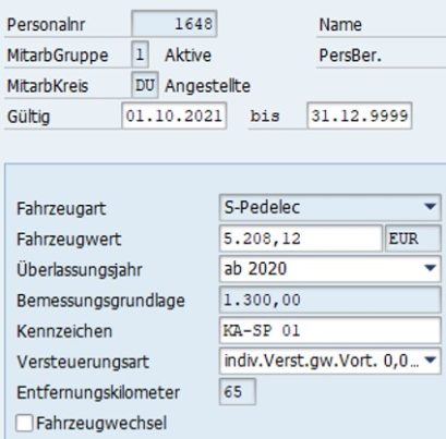 SAP HCM Infotyp Fahrzeuge Eingabe S-Pedelec